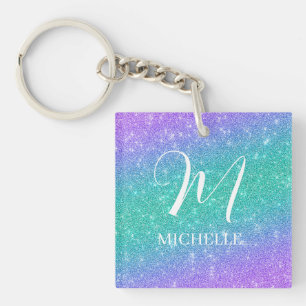Purple and Green Faux Glitter Name and Initial Keychain