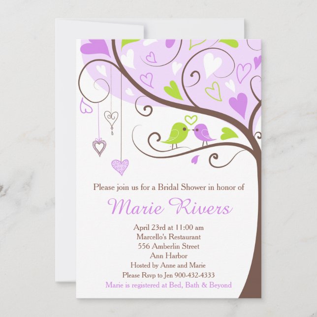 Purple and Green Floral Bird Bridal Shower Invitation (Front)