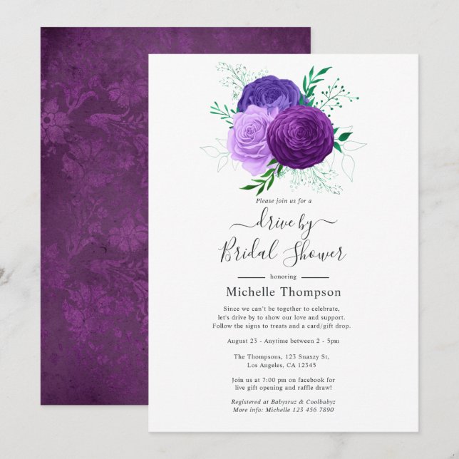 Purple and Green Floral Drive By Shower Invitation (Front/Back)