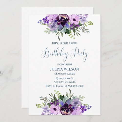 Purple and green Floral girls Birthday Party  Invitation