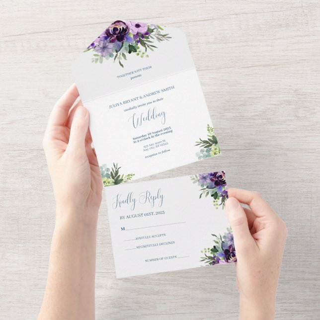 Purple and green Floral wedding  All In One Invitation (Tearaway)