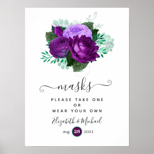 Purple and Green Floral Wedding Face Masks Poster
