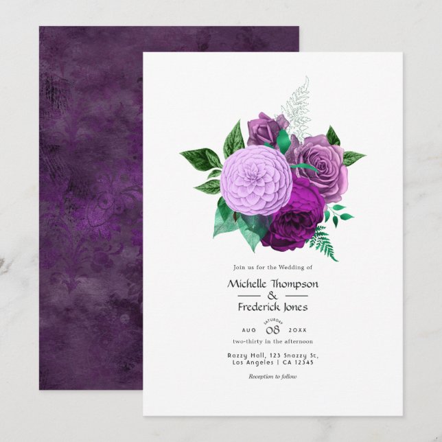 Purple and Green Floral Wedding Invitation (Front/Back)