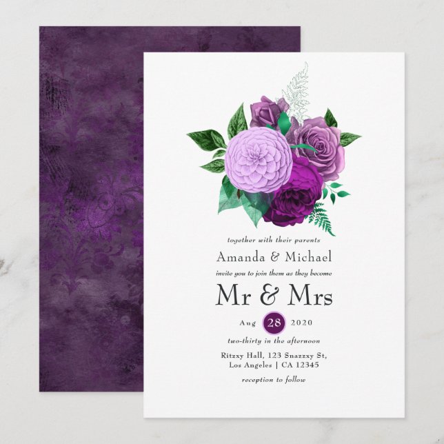 Purple and Green Floral Wedding Invitation (Front/Back)