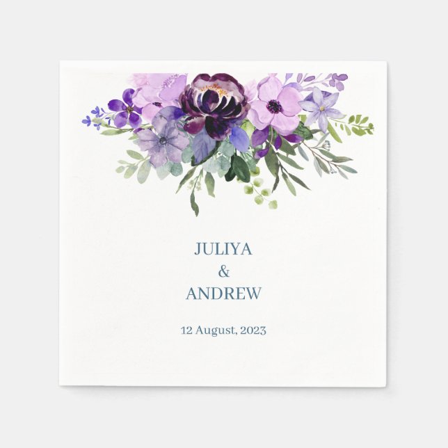 Purple and green floral wedding  napkins (Front)