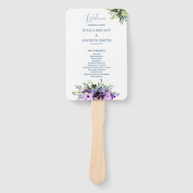 purple and green floral Wedding Program Hand Fan (Front)