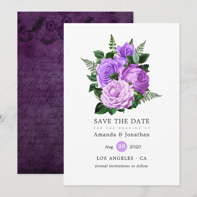 Purple and Green Floral Wedding Save The Date (Front/Back)