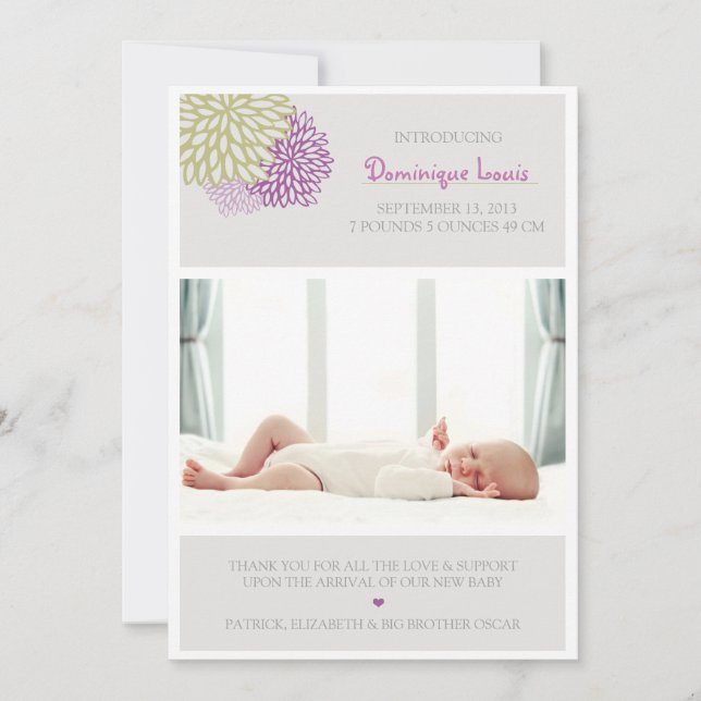 Purple and Green Flowers Photo Birth Announcements (Front)