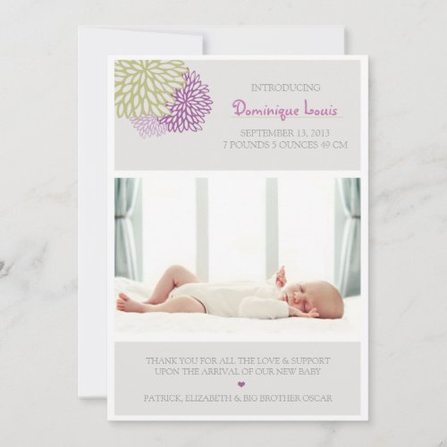 Purple and Green Flowers Photo Birth Announcements