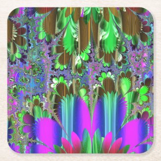 Purple and 'Green Foliage Fractal Fantasy Square Paper Coaster