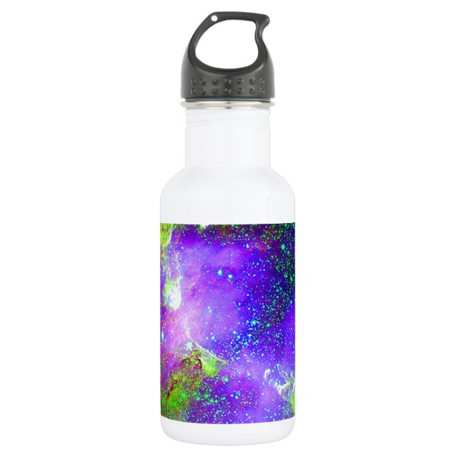 purple and green Galaxy Nebula space image. Water Bottle (Front)