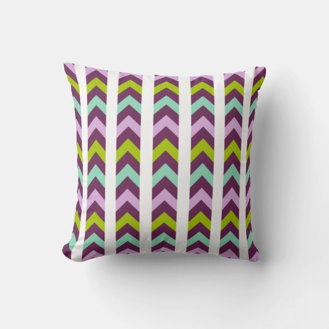 Purple and Green Geometric Chevron Pattern Throw Pillow (Front)