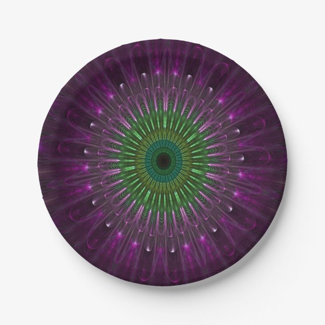 Purple and Green Glass Floral Fractal Paper Plates (Front)