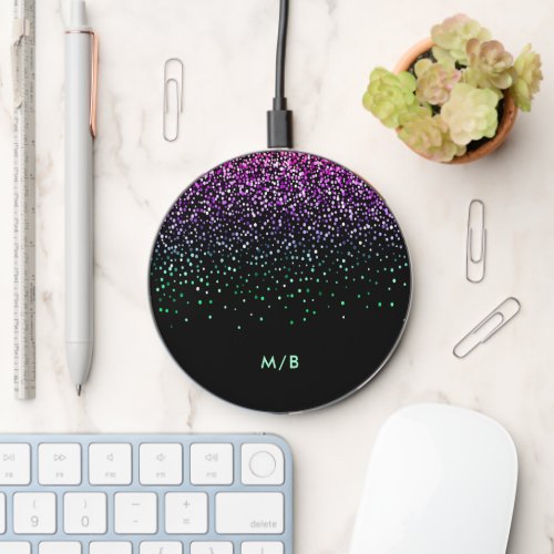 Purple and green glitter on black monogram wireless charger 