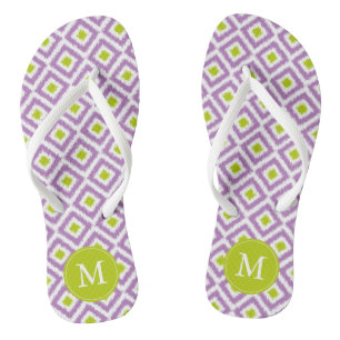 Purple and Green Ikat Pattern Monogrammed Flip Flops
