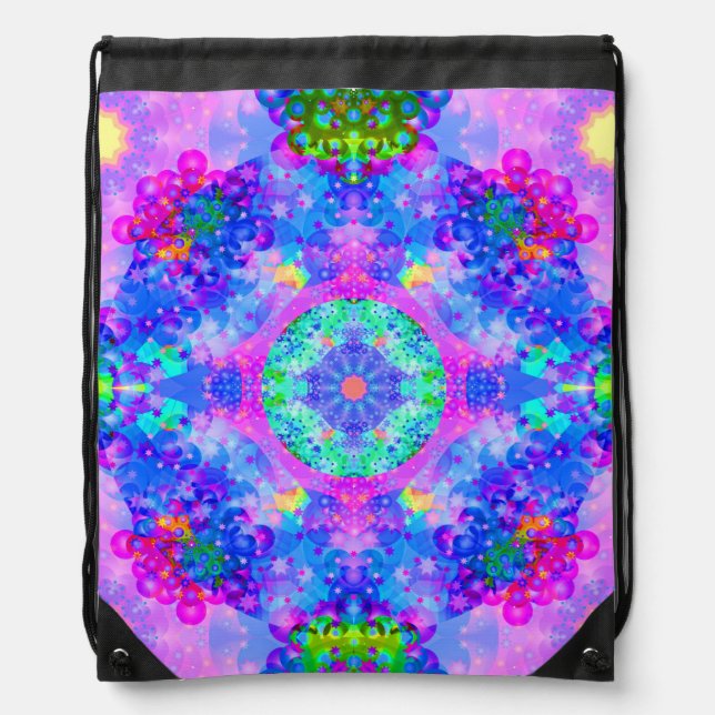 Purple and Green Kaleidoscope Fractal Art Drawstring Bag (Front)