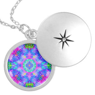 Purple and Green Kaleidoscope Fractal Art Silver Plated Necklace