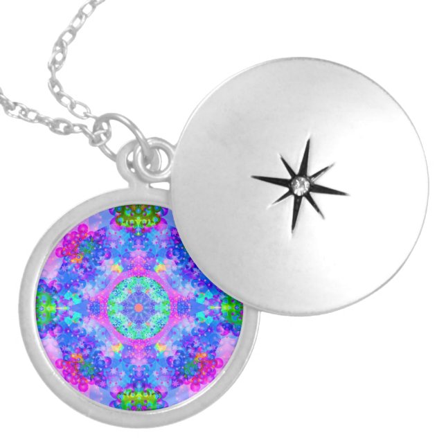 Purple and Green Kaleidoscope Fractal Art Silver Plated Necklace (Front)