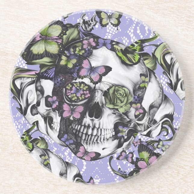 Purple and green lace butterfly skull case sandstone coaster (Front)