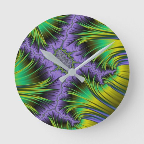 Purple and Green Leafy Fractal Abstract Art Round Clock