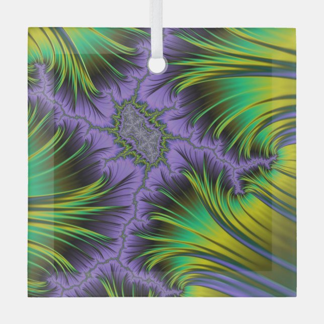 Purple and Green Leafy Fractal Landscape Art Glass Ornament (Front)