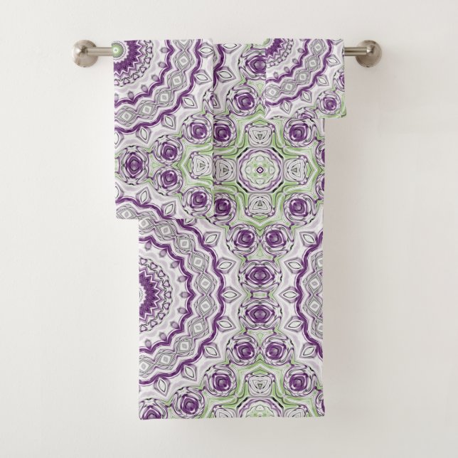 Purple and Green Mandala Pattern Design Bath Towel Set (Insitu)