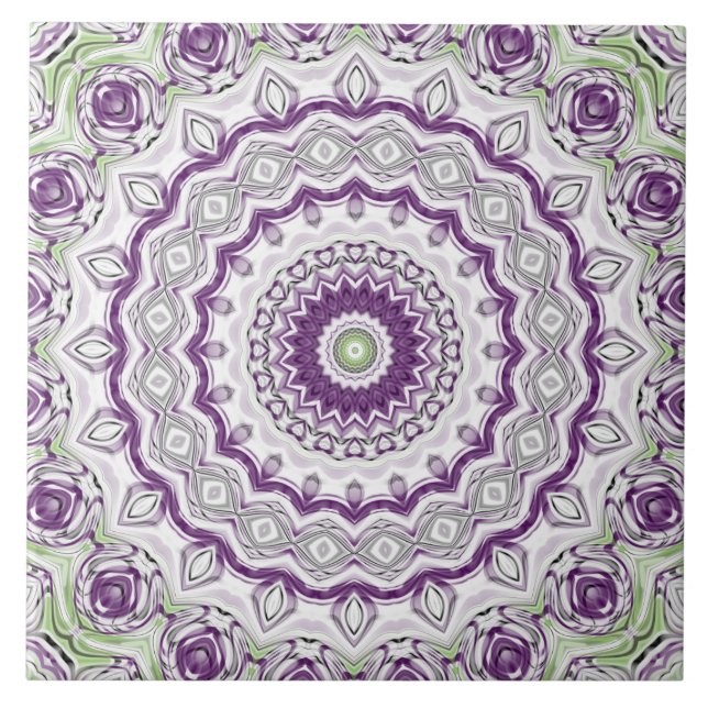 Purple and Green Mandala Pattern Design Ceramic Tile (Front)