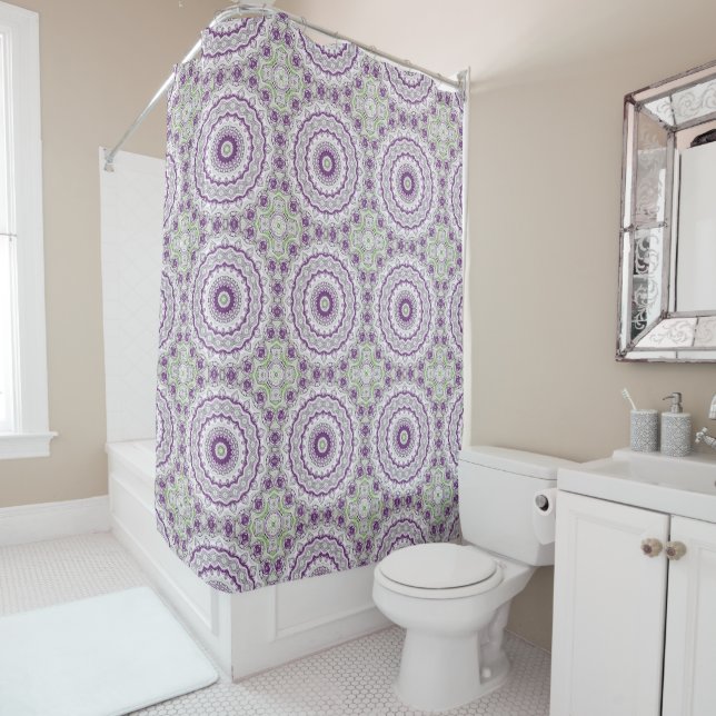 Purple and Green Mandala Pattern Design Shower Curtain (In Situ)