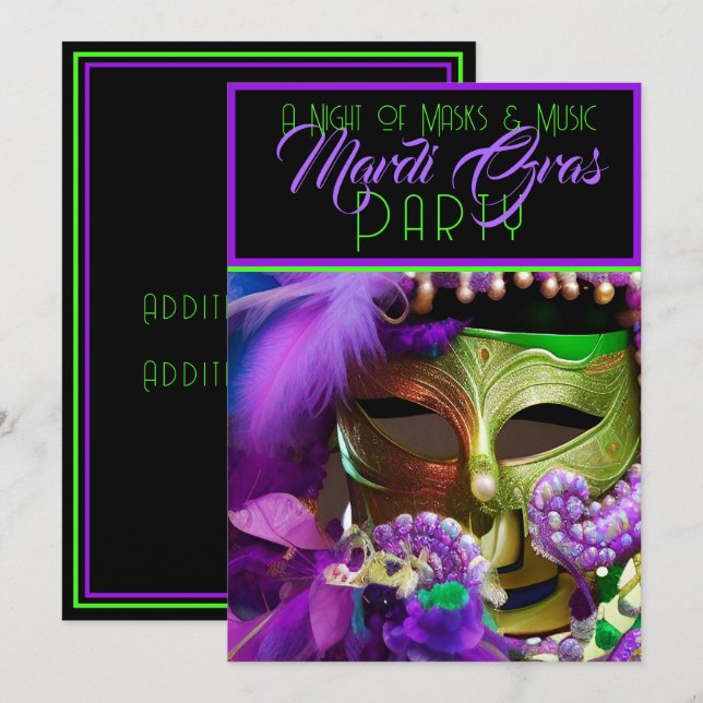 Purple And Green Mardi Gras Mask Invitation (Front/Back)