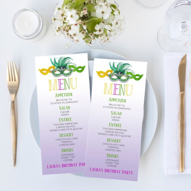 Purple and Green Masquerade Birthday Party  Menu (Creator Uploaded)