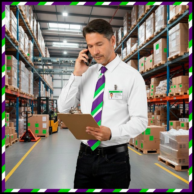 [Purple and Green] Modern Bold Striped Necktie (The back of this tie is set to purple by default but you may change it to any color you like. )