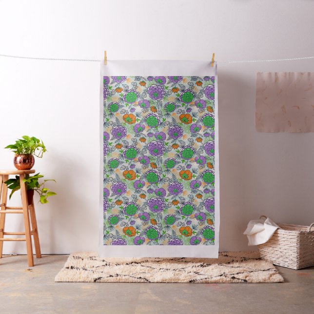 Purple And Green Peonies Floral Illustration Fabric (In Situ)