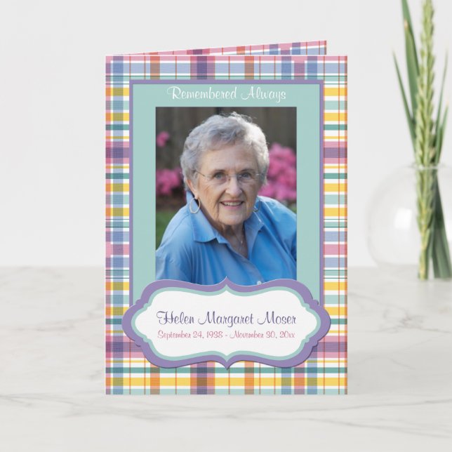 Purple and Green Plaid Memorial Card with Photo (Front)