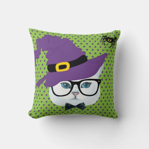 Purple and Green Polka Dot Halloween Cat Pillow