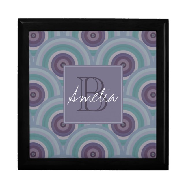Purple and Green Retro Circles Pattern Monogram Gift Box (Front)