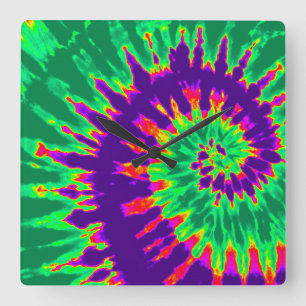 Purple and Green Spiral Tie Dye Clock
