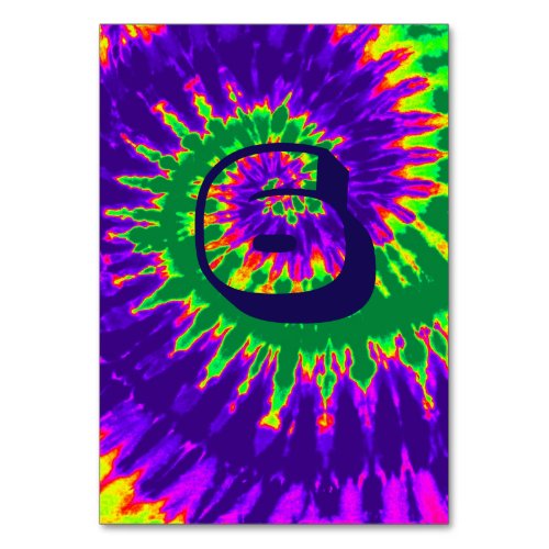 Purple and Green Spiral Tie Dye Wedding Table Six Table Number