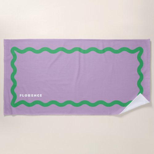 Purple and Green Squiggle with Text Beach Towel