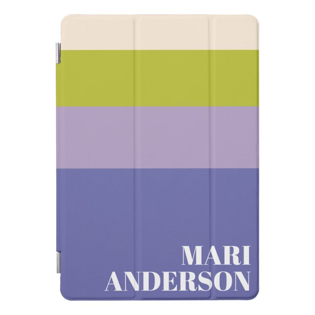 Purple and Green Stripes Modern Personalized Name iPad Pro Cover (Front)
