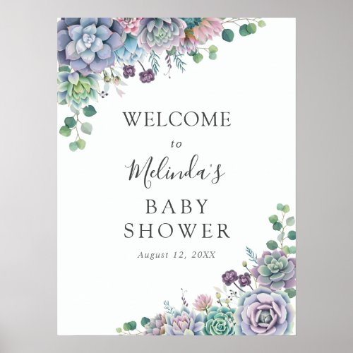 Purple and Green Succulent Baby Shower Welcome Poster
