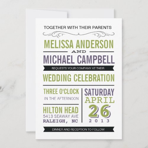 Purple and Green Typography Wedding Invitation
