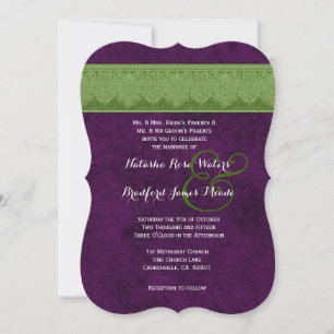 Purple and Green Vintage Damask Ribbon Wedding V31 Invitation