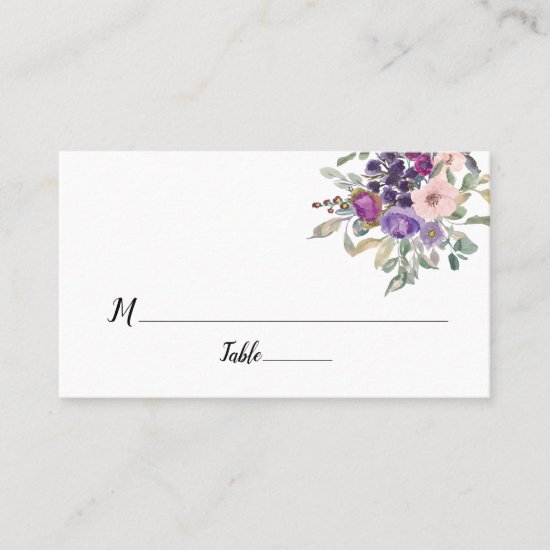 Purple and Green Watercolor Floral Flat Place Card