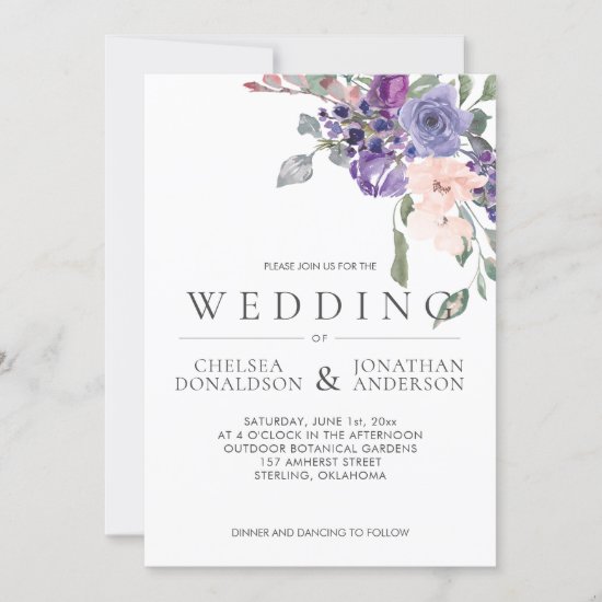 Purple and Green Watercolor Floral Wedding Announcement