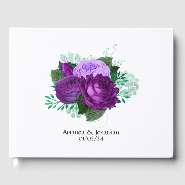 Purple and Green Watercolor Floral Wedding Guest Book (Front)