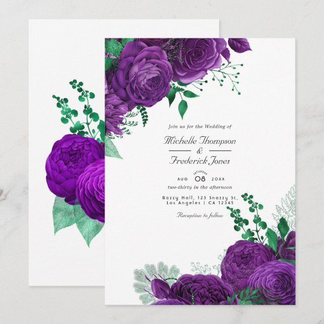 Purple and Green Watercolor Floral Wedding Invitation (Front/Back)