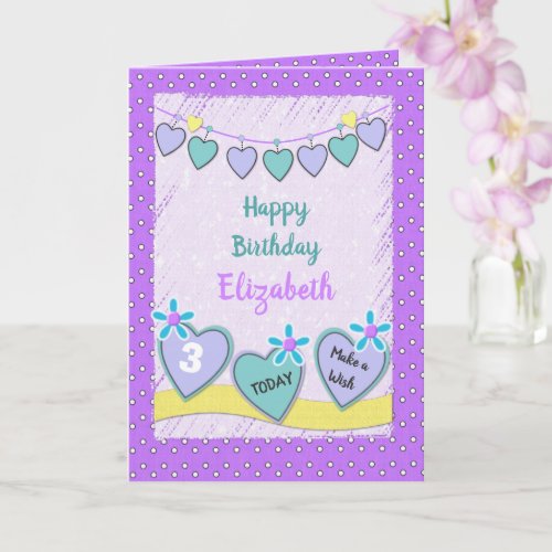 Purple and green with a name kids Birthday Card