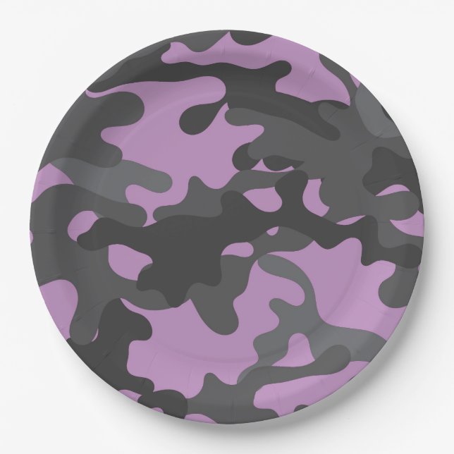 Purple and Grey Camouflage Paper Plates (Front)