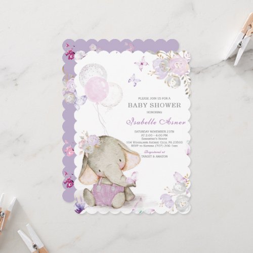 Purple and Grey Elephant Baby Shower decorations Invitation
