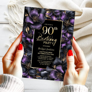 Purple and Grey Floral 90th Birthday Party Invitation